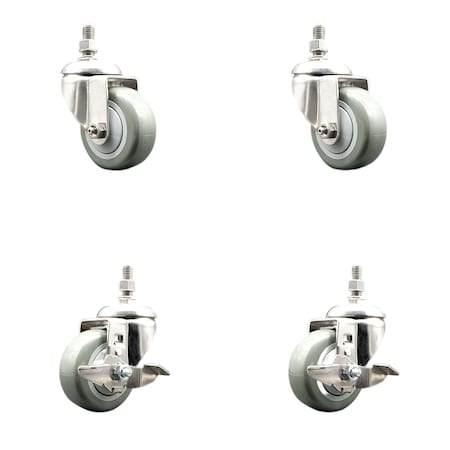 Service Caster 3.5 Inch 316SS Gray Polyurethane Swivel 1/2 Inch Threaded Stem Caster Brake, 2PK SS316TS20S3514-PPUB-121315-2-TLB-2